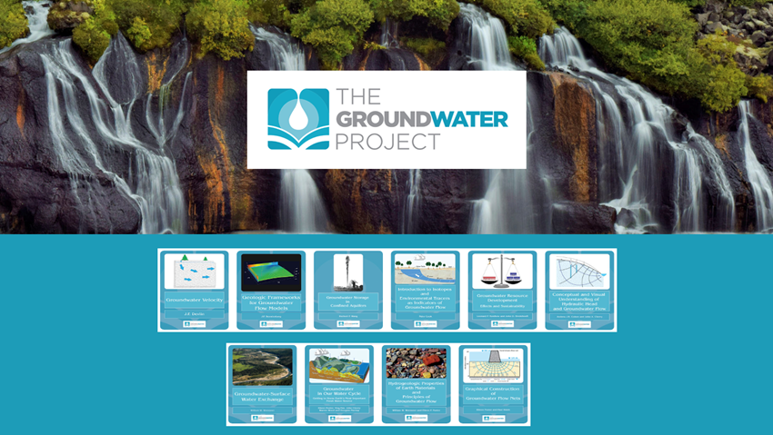 Promotional banner for The Groundwater Project featuring a waterfall background and images of various educational materials on groundwater topics.